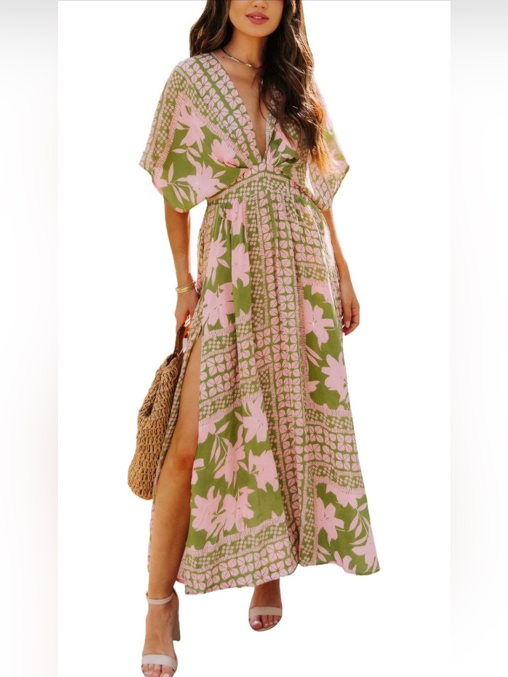 Pink and Olive Floral Kimono Maxi Dress